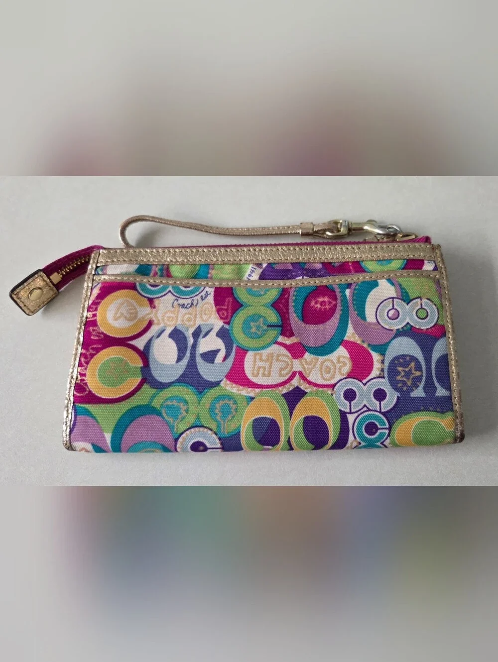 Coach Poppy Graffiti Wristlet Wallet with Pink and Teal Accents, Y2K Excellent